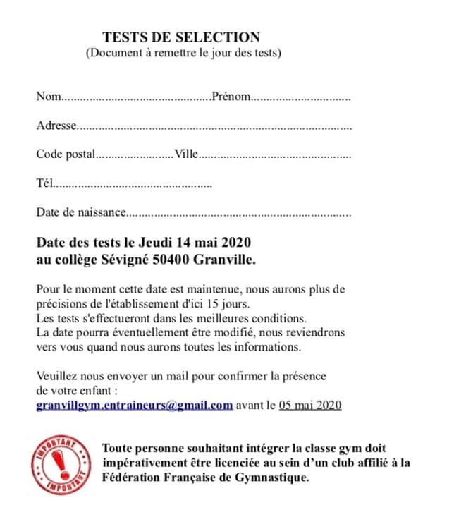 INFOS TESTS PARTENARIAT GYM 2020